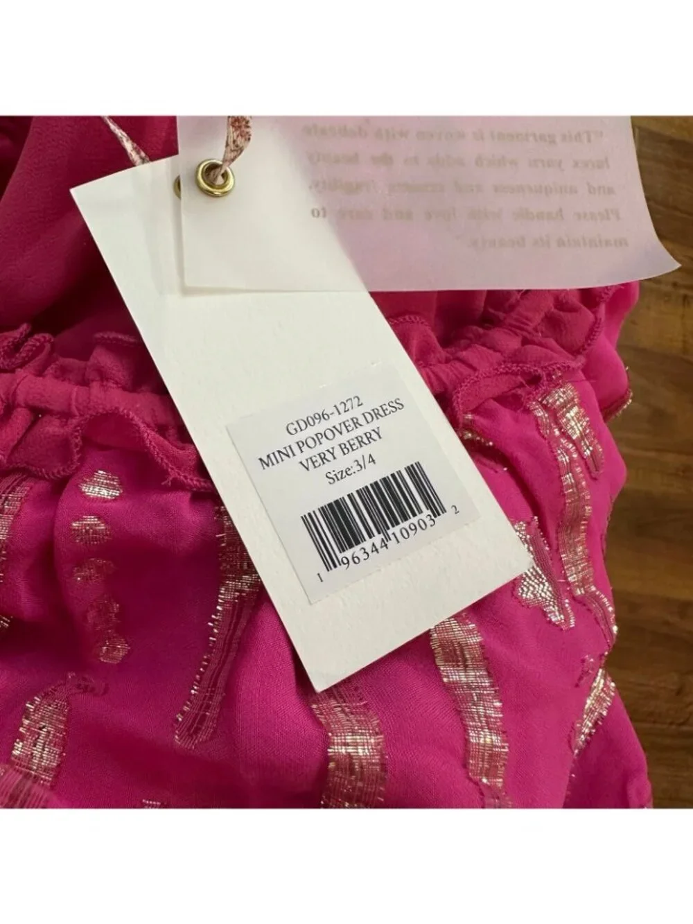NWT LoveShackFancy Mini Popover Dress in Very Berry 3-4 Hot Pink Gold Metallic